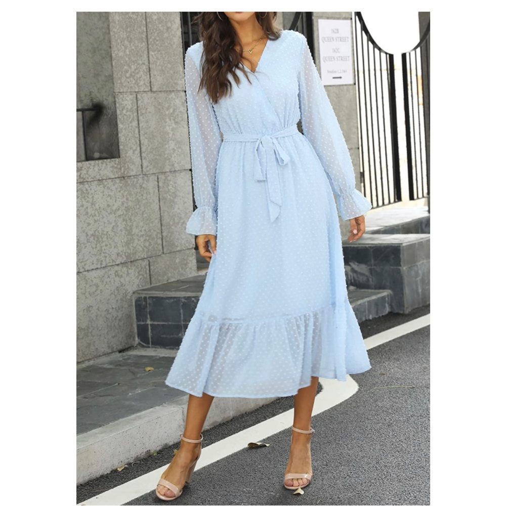 BTFBM Women's Long Sleeve Wrap Swiss Dot Boho Swing A-Line Maxi Dress with Belt - Picture 2 of 3